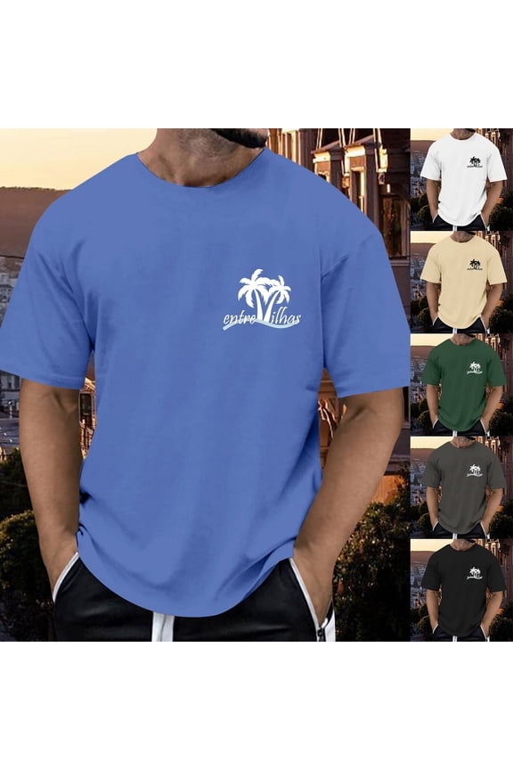 T Shirts for Man Summer Tropical Coconut Tree Printed Short Sleeve Crew Neck Loose Beach Casual Vacation Men's Shirts White XL
