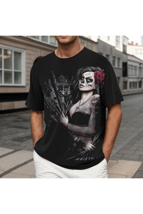 T Shirts for Man Trendy Pattern Graphic Print Short Sleeve Crew Neck Loose Soft Summer Daily Mens Shirts Black L