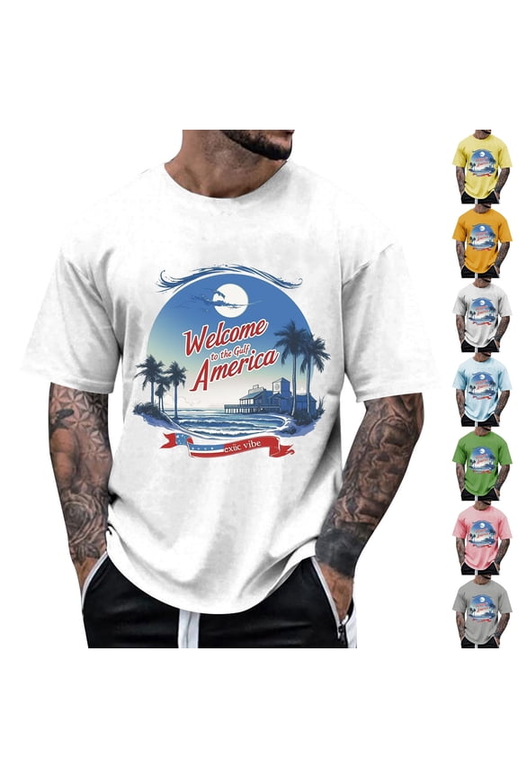 T Shirts for Man Tropical Vacation Beach Pattern Printed Short Sleeve Round Neck Loose Breathable Casual Outdoor Tops Men's Shirts Green L
