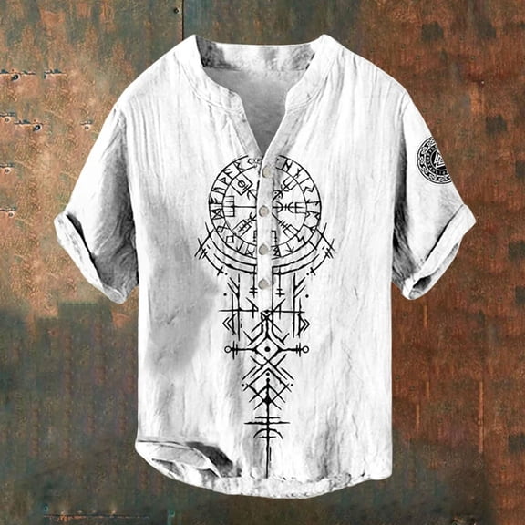 TrendOFT T Shirts for Man Viking Pattern Printed Short Sleeve Crew Neck Retro Loose Soft Casual Daily Fashion Men's Shirts White L