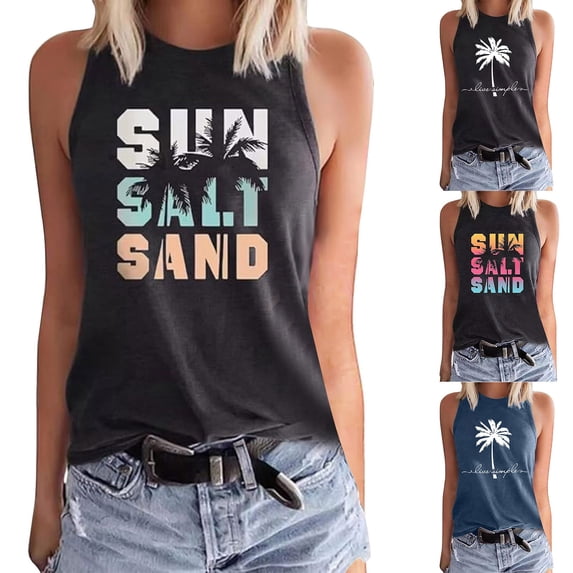 TrendOFT Tank Tops for Women Letter Print Sleeveless Shirts Nature Graphic Summer Outdoor Tshirt Vest Blue XXL