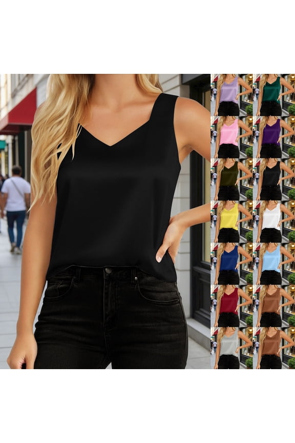 Tank Tops for Women V Neck Sleeveless Going Out Cami Shirts Casual Basic Solid Summer Top Army Green L