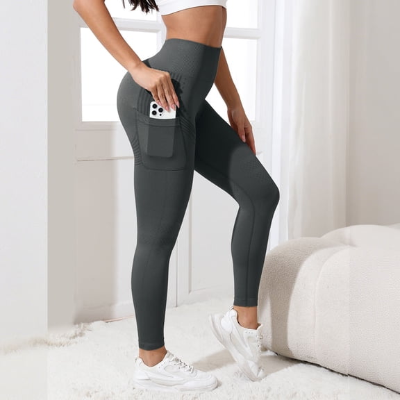 TrendOFT Thick High Waist Yoga Pants with Pockets Tummy Control Workout Running Yoga Leggings for Women Grey M