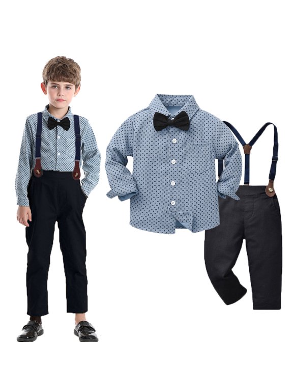 Toddler Boy Outfits Set Bow Decor Printed Long Sleeve Cardigan Collared T Shirt With Suspender Pants Gentleman Style Outfit For Kids Boys' Clothing Sets Blue