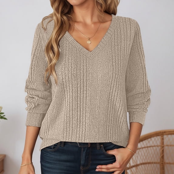 TrendOFT V Neck Sweaters for Women Fall Long Sleeve Cable Knit Oversized Sweater Top Casual Pullover Trendy Jumper Khaki M