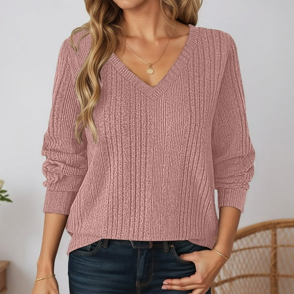 TrendOFT V Neck Sweaters for Women Fall Long Sleeve Cable Knit Oversized Sweater Top Casual Pullover Trendy Jumper Pink L