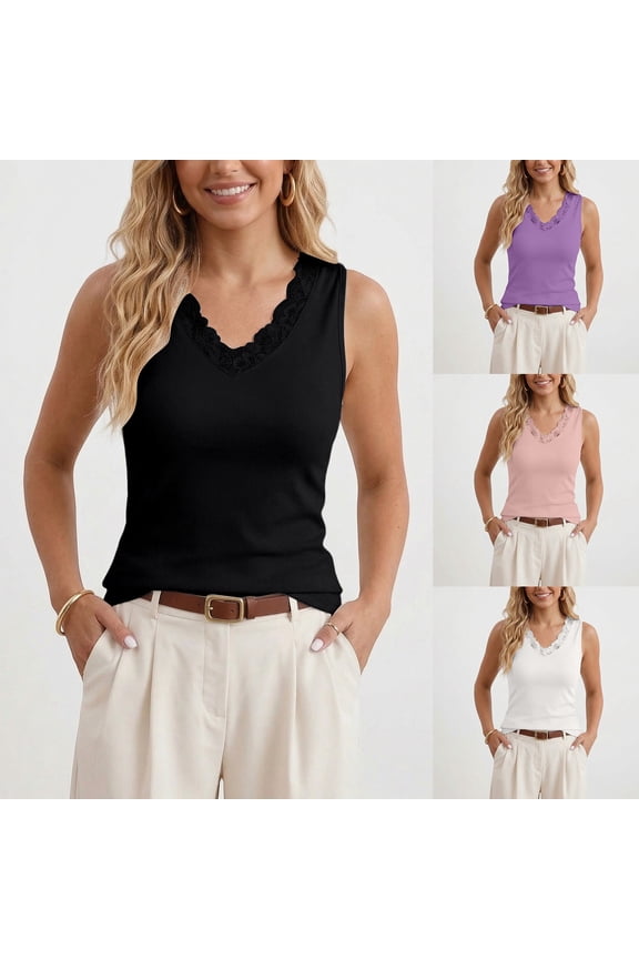 V Neck Tank Tops for Women Spring Sleeveless Lace Trim Ribbed Knit Going Out Cami Shirts Ruched Casual Top Black L