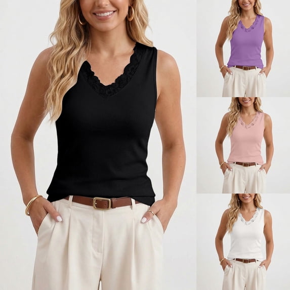 TrendOFT V Neck Tank Tops for Women Spring Sleeveless Lace Trim Ribbed Knit Going Out Cami Shirts Ruched Casual Top Red XL