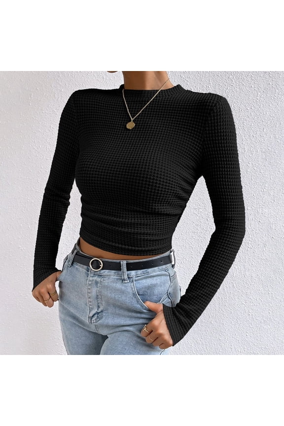 Waffle Knit Tops for Women Long Sleeve Shirts Casual Slim Fitted Crew Neck Pullover Shirts Black S