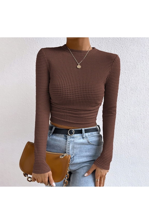 Waffle Knit Tops for Women Long Sleeve Shirts Casual Slim Fitted Crew Neck Pullover Shirts Brown S