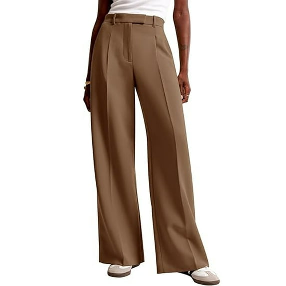 TrendOFT Wide Leg Dress Pants for Women High Waisted Business Casual Work Trousers Dressy Pants with Pockets Brown L