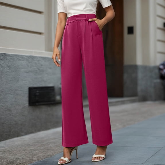 TrendOFT Wide Leg Dress Pants for Women Stretchy Work Pants with Pockets Elastic Waist Pleated Front Business Casual Slacks Hot Pink S