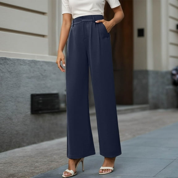 TrendOFT Wide Leg Dress Pants for Women Stretchy Work Pants with Pockets Elastic Waist Pleated Front Business Casual Slacks Navy XS