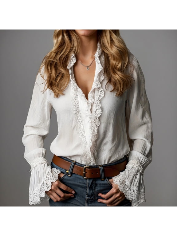 Women Boho Flowy Blouse Y2k Lace Ruffled Long Sleeve Shirts Cute Front Tie Chiffon Oversized Country Tops White XXL