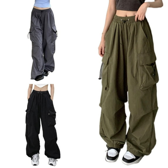 TrendOFT Women Cargo Pants Baggy Y2K Multi Pockets High Waist Loose Straight Leg Cargo Sweatpants Vintage Grunge Trousers Black L