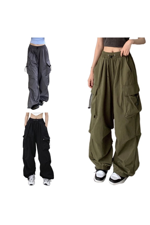 Women Cargo Pants Baggy Y2K Multi Pockets High Waist Loose Straight Leg Cargo Sweatpants Vintage Grunge Trousers Black L