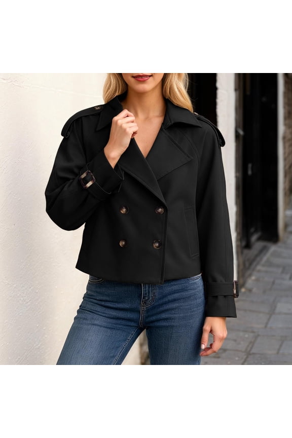Women Crop Double Breasted Trench Coat Raglan Sleeve Work Office Cropped Jacket With Pockets Black S