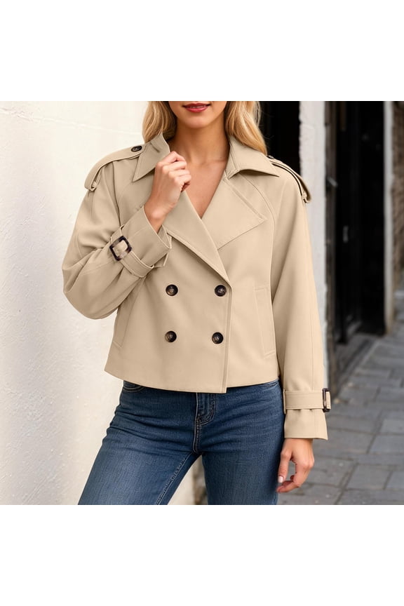 Women Crop Double Breasted Trench Coat Raglan Sleeve Work Office Cropped Jacket With Pockets Khaki S