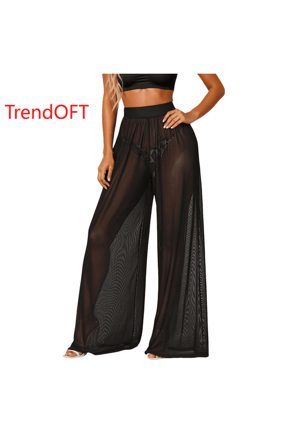 Women Ruffle Sheer Mesh Pants See Through Party Club Elastic High Waist Wide Leg Pants Bikini Bottom Swimsuit Cover up Beach Pants Black L