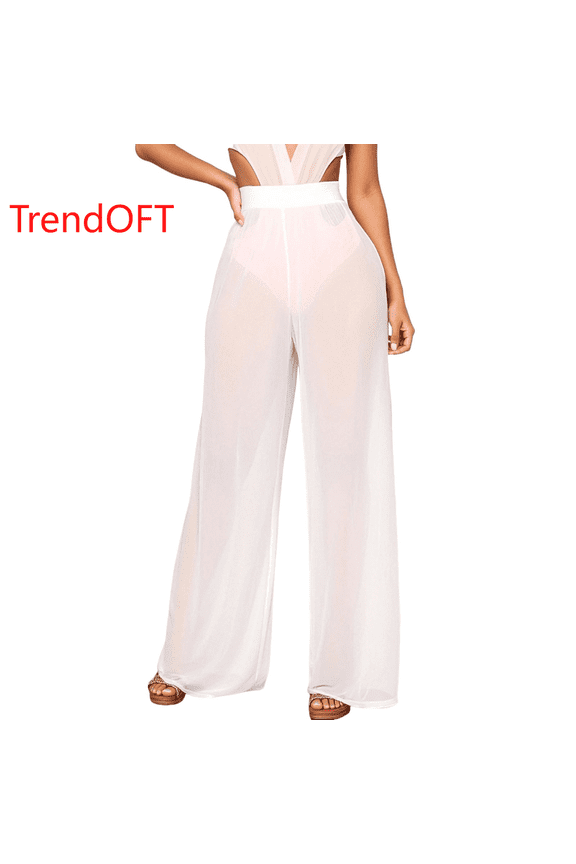 Women Ruffle Sheer Mesh Pants See Through Party Club Elastic High Waist Wide Leg Pants Bikini Bottom Swimsuit Cover up Beach Pants White L