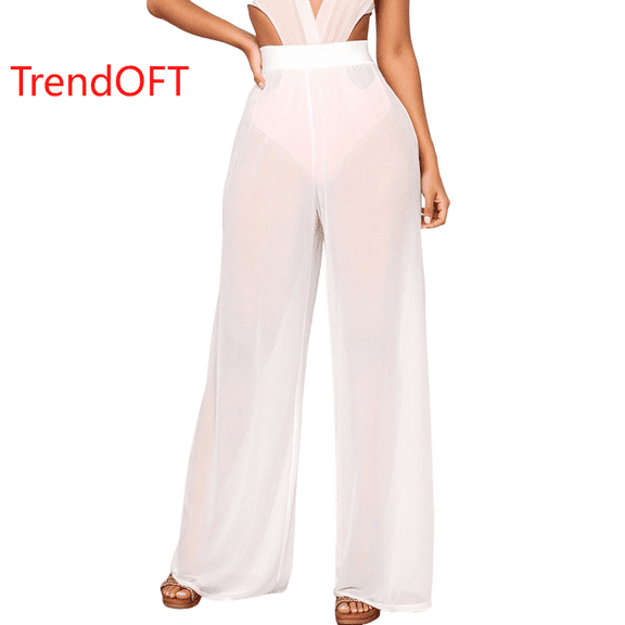 TrendOFT Women Ruffle Sheer Mesh Pants See Through Party Club Elastic High Waist Wide Leg Pants Bikini Bottom Swimsuit Cover up Beach Pants White M