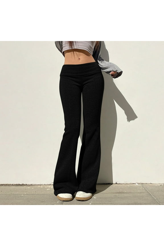Women Skinny Pants Fold Over Bootcut Stretchy Yoga Flare Leggings Long Y2k Joggers Sweatpants Lounge Sweat Pants Streetwear Black S