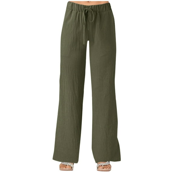 TrendOFT Women Wide Leg Linen Pants High Waisted Summer Casual Cotton Linen Palazzo Pants with Pockets Army Green M