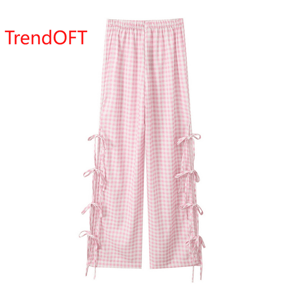 TrendOFT Women Y2K Wide Leg Gingham Pants Elastic High Waist Side Tie Loose Fit Plaid Trouser Cute Lounge Pants Pink M