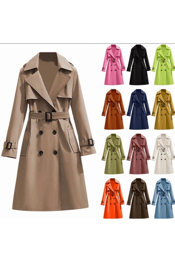 Women's Double Elegant Long Trench Coat Windproof Classic Lapel Slim Overcoat with Belt Black XL