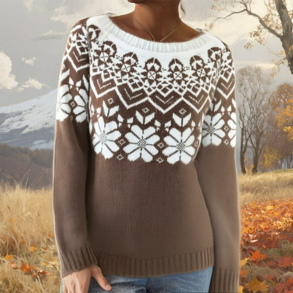 TrendOFT Women's Fair Isle Sweater Casual Crewneck Long Sleeve Lightweight Vintage Knit Jumper Tops Coffee L