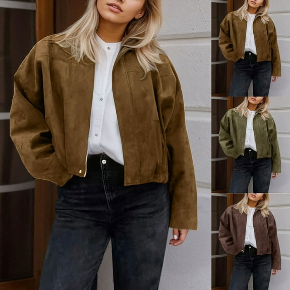 TrendOFT Women's Suede Bomber Jacket Fall Lapel Pilot Coat Casual Oversized Long Sleeves Trendy Streetwear Outerwear Brown L