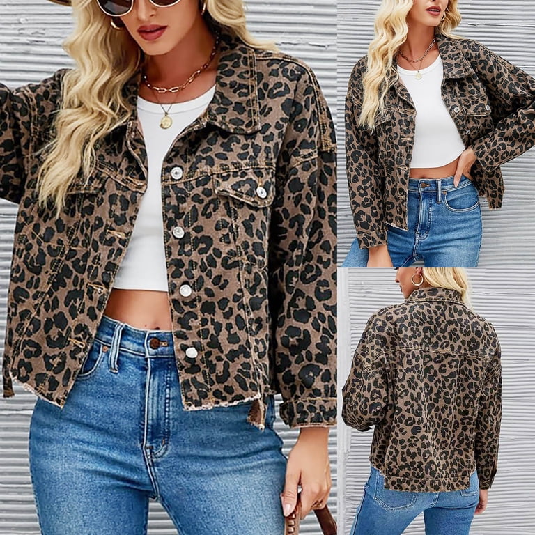 TrendOFT Women's Long Oversized Denim Jacket Leopard Print