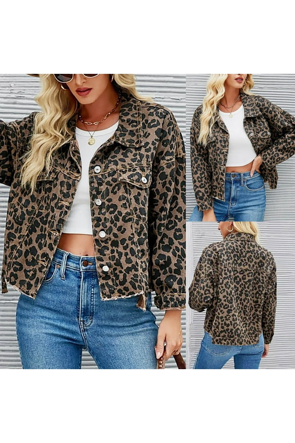 Women's Long Oversized Denim Jacket Leopard Print Boyfriend Jean Jackets Coat Brown XL