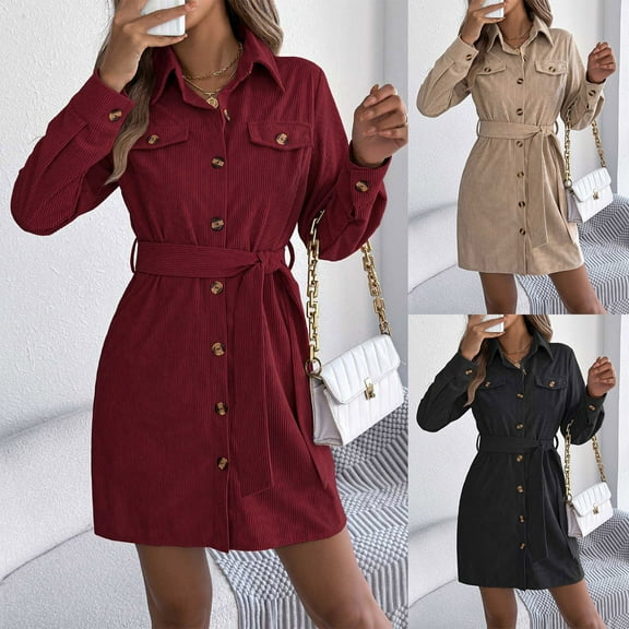 TrendOFT Women's Long Sleeve Short Dresses Fall Winter Button Down Work Tunic Dress with Pocket Red M