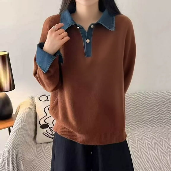 TrendOFT Women's Polo Contrast Collar Knitwear Casual Long Sleeve Patchwork Pullover Blouse Top Denim Ribbed Knit Shirt Brown One Size