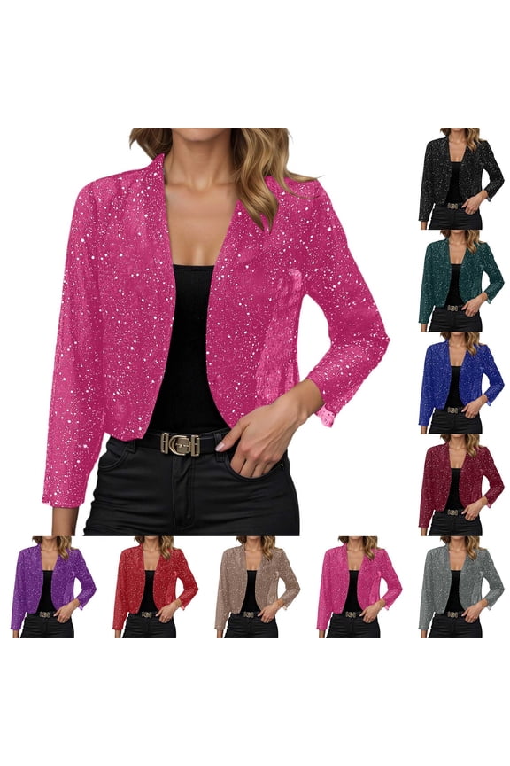 Women’s Sequin Short Jackets Long Sleeve Open Front Coat Glitter Blazer Casual Coat Party Clubwear Red L