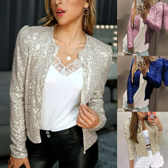 TrendOFT Women's Shiny Sequin Open Front Blazer Coat Lapel Long Sleeve Cardigan Jacket Pink M