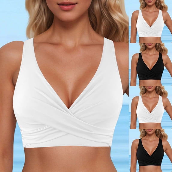 TrendOFT Women's Twist Front V Neck Bikini Top for Beach Poor Solid Spaghetti Straps Bathing Suit Tops Only Black M