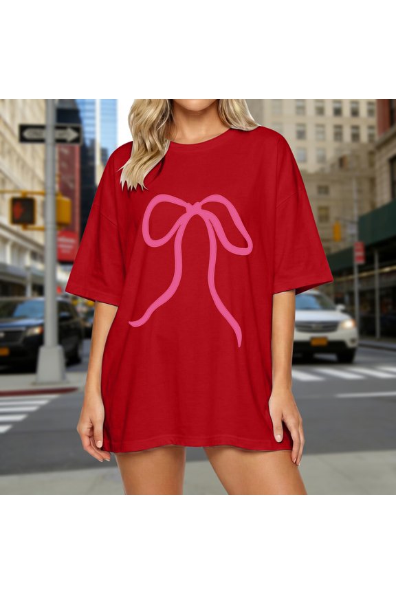 Women's Y2k Graphic Tees Cute Bow Print Short Sleeve Aesthetic T Shirt Summer Tops Red1 S