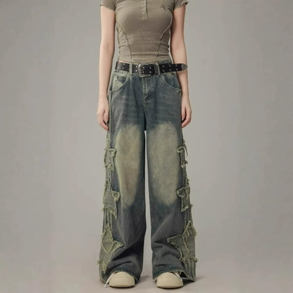 TrendOFT Womens Baggy Jeans Elastic Waist Cool Ripped Jean Washed Wide Leg Denim Pants Blue M