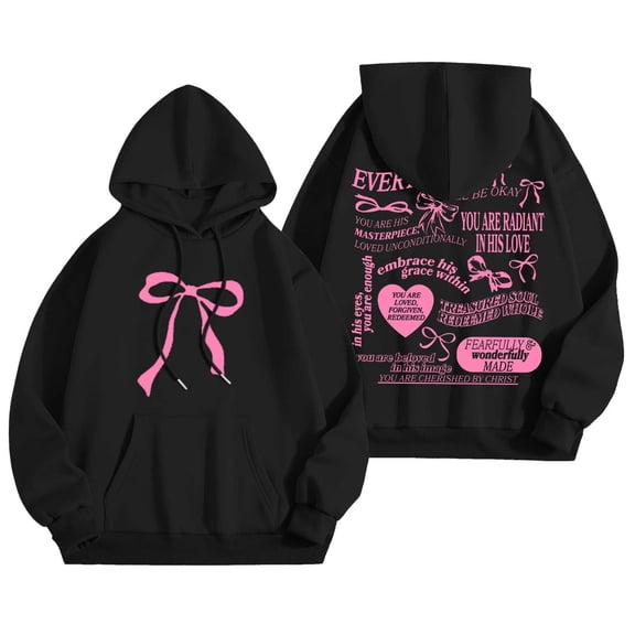 TrendOFT Womens Bow Graphic Hoodies Cute Oversized Sweatshirt for Teen Girls Pretty Y2K Long Sleeve Hooded Pullover Tops Streetwear Black L