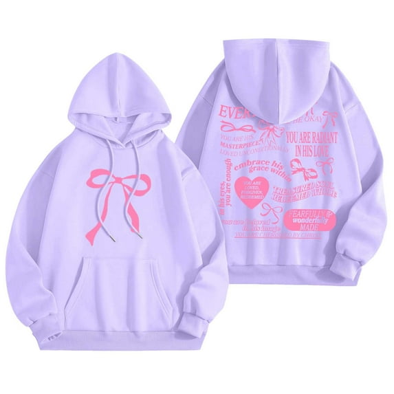 TrendOFT Womens Bow Graphic Hoodies Cute Oversized Sweatshirt for Teen Girls Pretty Y2K Long Sleeve Hooded Pullover Tops Streetwear Purple L