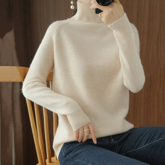 TrendOFT Womens Cable Knit Pullover Sweaters Neck Long Sleeve Trendy Sweater Basic Fall Winter Jumper Tops Beige L