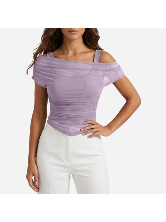 Womens Cami Tops Y2K Mesh Ruffle Off Shoulder Slim Fit Bralette Crop Top Casual Summer Party Wear Purple XL