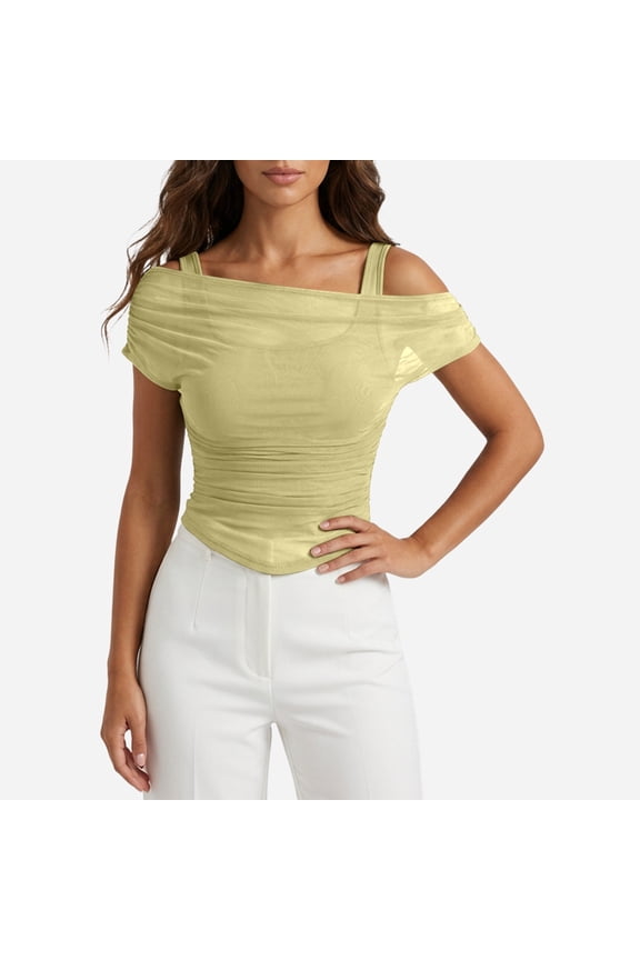 Womens Cami Tops Y2K Mesh Ruffle Off Shoulder Slim Fit Bralette Crop Top Casual Summer Party Wear Yellow XXL