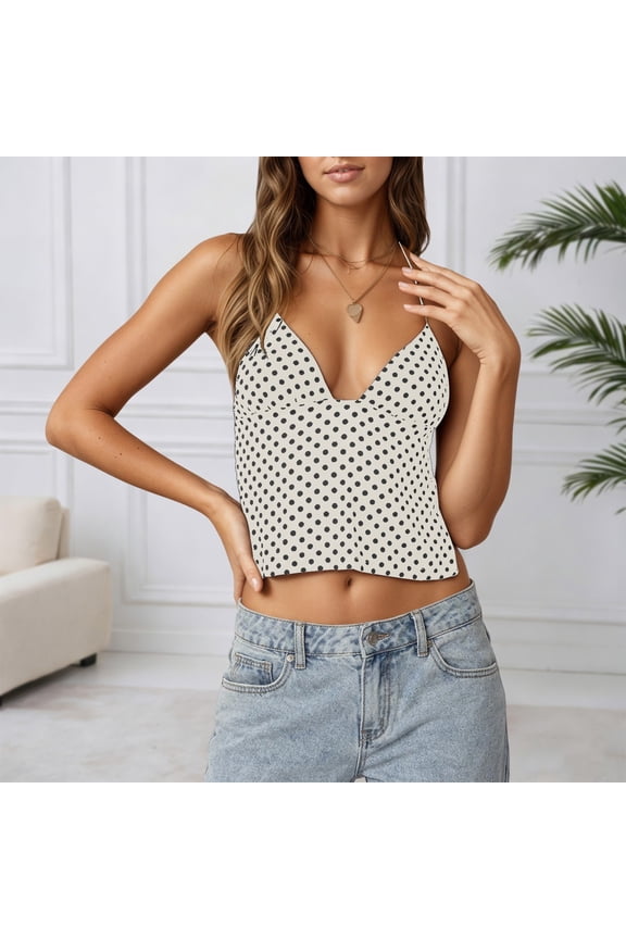Womens Camis Polka Dot Backless Halter Neck Slim Fit Y2K Crop Top Casual Party Wear White M