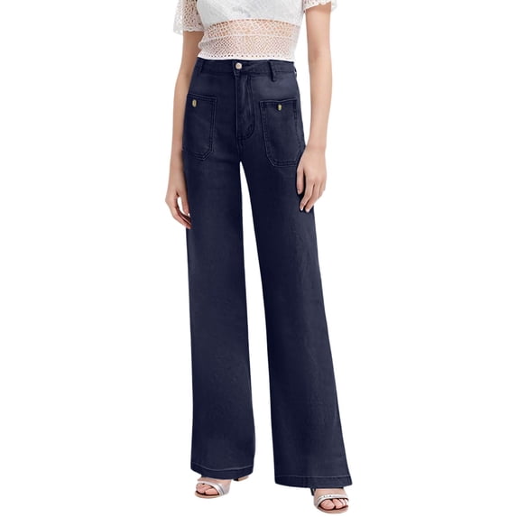 TrendOFT Womens Casual High Waisted Jeans Stretch Wide Leg Loose Denim Pants with Pockets Dark Blue XXXL