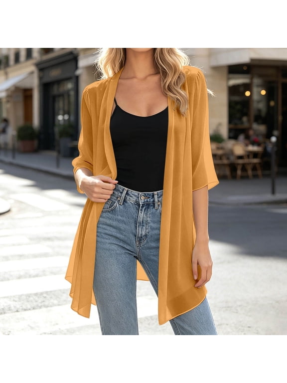 Womens Chiffon Cardigans Spring Summer Thin Short Sheer Open Front Bridal Wedding Casual Cover Up Gold M