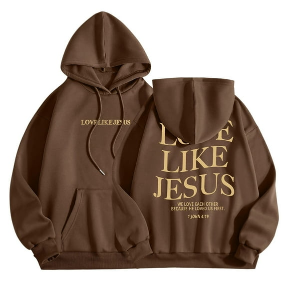 TrendOFT Womens Christian Hoodies Faith Love Like Jesus Graphic Sweatshirt Bible Verse Religious Gift Pullover Top Brown XL