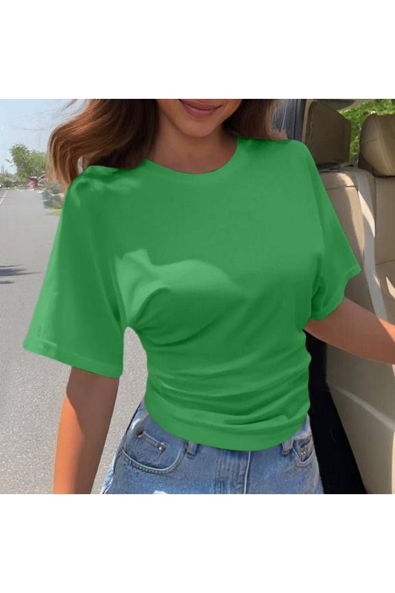 Womens Crew Neck Half Sleeve Ruched Shirts Summer 2026 Casual Cinched Waist Crop Tops Green M